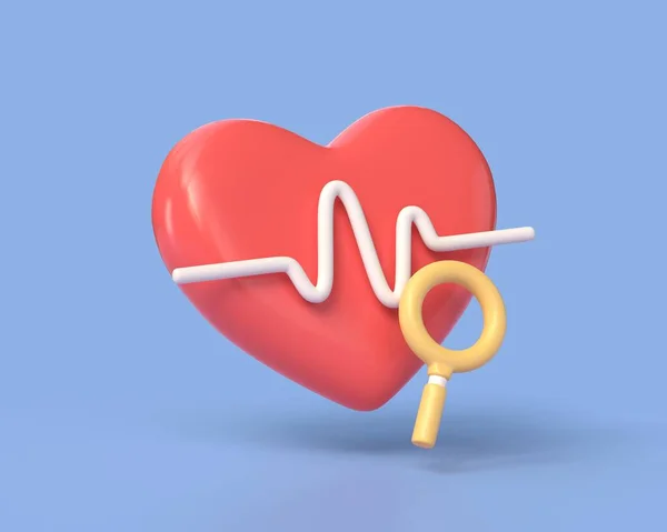 Herzzeichen Mit Puls Und Lupe Cartoon Stil Medizin Und Gesundheitskonzept — Stockfoto