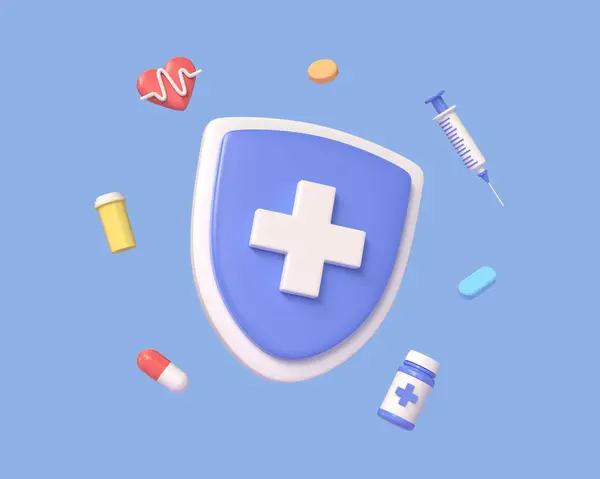 3d medical shield, pills, shield and heart sign in cartoon style. medicine and healthcare concept.illustration isolated on blue background.3d rendering