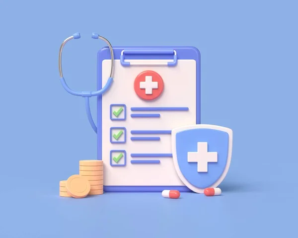 3d checklist, medical shield, coins. medical care and insurance payment concept. illustration isolated on blue background. 3d rendering