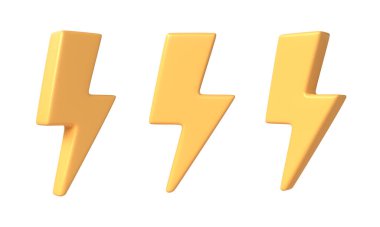 3D sarı şarj sembolü. Sarı gök gürültüsü ya da şimşek işareti. Enerjinin ve tehlikenin sembolü. Asgari elektriksel boşalma. 3d oluşturma