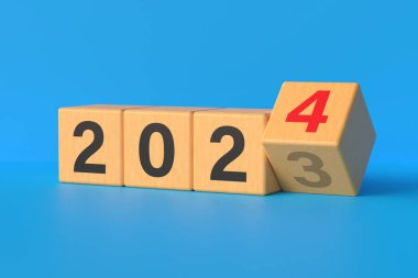 Yeni yıl değişikliklerine hazırlanmak ve yeni bir hedef iş stratejisi konsepti başlatmak için ahşap küplerdeki 2023-2024 rakamlarını çeviriyorum. Mavi bir arkaplanda illüstrasyon. 3d oluşturma