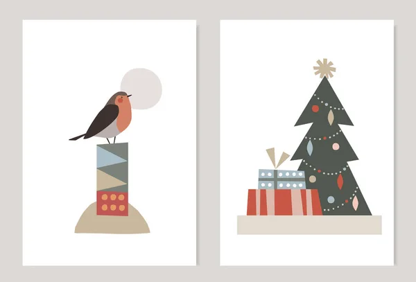 Retro Weihnachtsgrußkarten Einladungskarten Set Finkenvogel Und Geschmückter Weihnachtsbaum Mit Geschenkboxen — Stockvektor