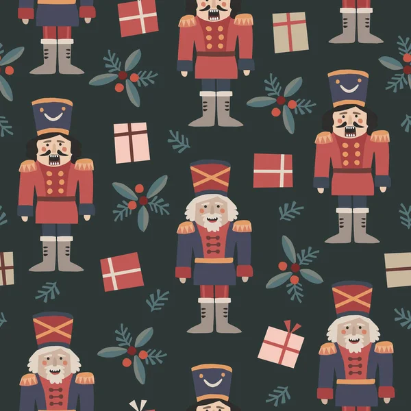 传统的红色绿色圣诞无缝图案 胡桃饼干 留着胡子 穿着制服的男人 圣诞树树枝和礼品盒 冬季病媒图解背景的礼品包装 — 图库矢量图片