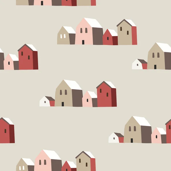 美丽的圣诞无缝图案 有瑞典红房子的乡村风景 北欧冬季包装纸 纺织品 病媒图解背景设计 — 图库矢量图片