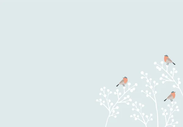 クリスマスのグリーティングカード招待状 冬のシーズンWebバナー 赤いフィンチ白い果実を持つ裸の木の枝に座っているブルフィンチの鳥 青いベクトルの背景 装飾的な季節の休日のテンプレート — ストックベクタ