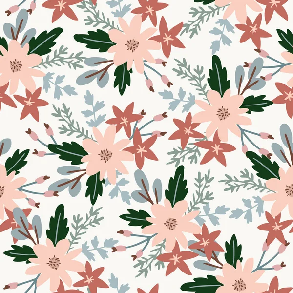 Beautiful Christmas Seamless Pattern Poinsettia Flowers Pink Berries Fir Tree — Stock Vector