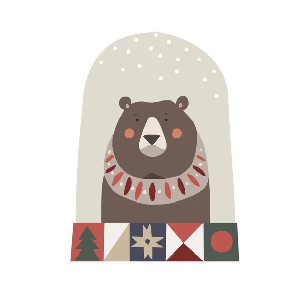 Cartão Natal Convite Urso Com Cachecol Neve Caindo Banner Decorativo — Vetor de Stock