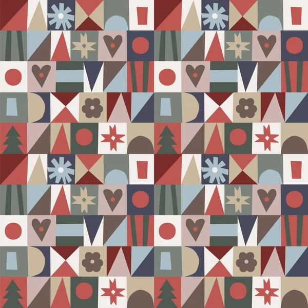 Πολύχρωμα Χριστούγεννα Αφηρημένη Απρόσκοπτη Μοτίβα Γεωμετρικά Σχήματα Μπισκότα Μελόψωμο Καρδιές — Διανυσματικό Αρχείο