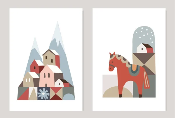 レトロなクリスマスグリーティングカード 招待状セット 山やカラフルな家 村と冬の風景 雪とスウェーデンのダラ馬 抽象的な幾何学的な装飾要素 ベクターイラスト — ストックベクタ