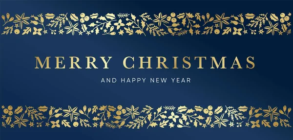 Vrolijk Kerstfeest Happy New Yera Wenskaart Gouden Hand Getekend Bloemkader — Stockvector