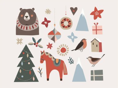 Bir dizi Noel İskandinav hayvanı ve doğal elementler. Dala atı, ispinoz kuşları, ayı Noel ordövrleri, ağaç ve çiçekler. Hediye kutuları olan ev. İskandinav retro tasarımı, izole vektör çizimi
