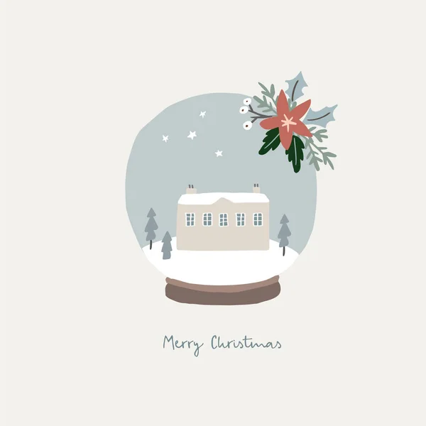 メリークリスマス ハッピーニューイヤーグリーティングカード 招待状 冬の森の風景 クリスマスモミの木 ガラス球 雪の地球に雪が降る 家や煙突 ベクターイラストの背景 — ストックベクタ