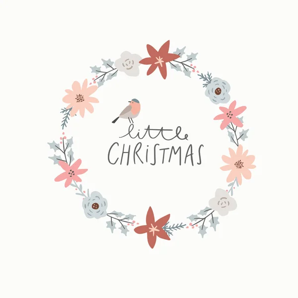 手のクリスマスのグリーティングカード 招待状を描いた フィンチ鳥はリトルクリスマスのテキスト レタリングに座っている 花の花輪 葉の庭 ホリーベリー 枝やポインセチアの花 冬の装飾 — ストックベクタ