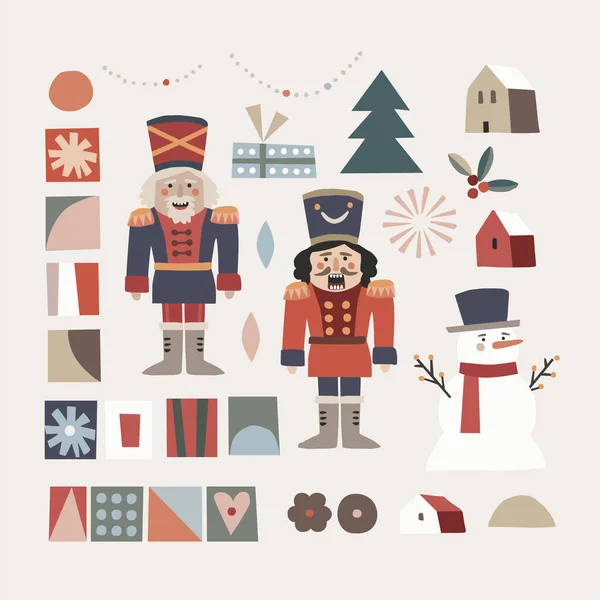 Set Christmas Scandinavian Animals Natural Elements Nutcrackers Men Snowman Christmas — Stock Vector