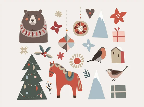 一组圣诞斯堪的纳维亚动物和自然元素 达拉马 熊类圣诞饰物 树和花 带礼品盒的房子北欧复古设计 孤立矢量图解 — 图库矢量图片