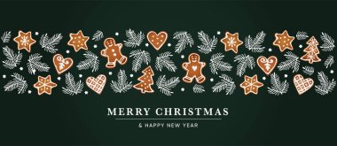 Merry Christmas, Happy New Year festive web banner. Hand drawn gingerbread cookies, stars and white fir tree branches on dark green background. Winter greeting card, invitation, vector illustration. clipart