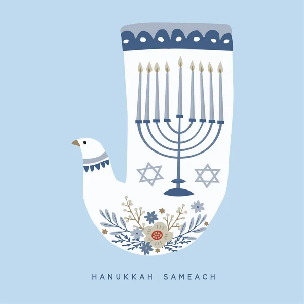 Feliz Cartão Saudação Hanukkah Convite Com Castiçal Desenhado Mão Pássaro — Vetor de Stock