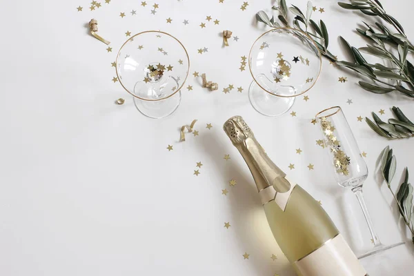 Novoroční Párty Oslava Láhev Šampaňského Sklenice Pití Olivové Větve Izolované — Stock fotografie