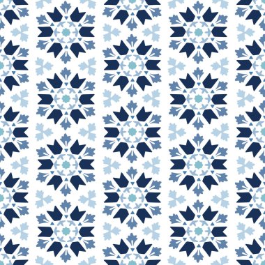 Islamic mosaic design. Moroccan star shaped floral arabesque, elegant tile pattern for Ramadan Kareem holiday. Blue Portuguese azulejo. Decorative vector illustration background. Fabric design.