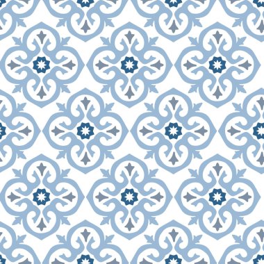 Portuguese azulejo. Floral abstract baroque ornamental tile. Hand drawn pale blue Moroccan seamless pattern for Ramadan holiday, banner. Islamic background, fabric, textile. Arabic decorative vector.