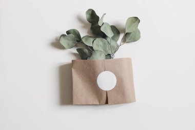 Craft paper belly band, sleeve with round sticker mockup isolated on white table background. Dry eucalyptus leaves, branch. Wedding composition, office supply. Flatlay, top,elegant branding template.