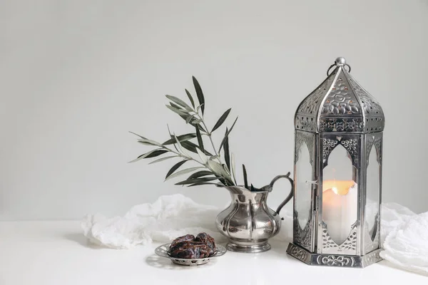 Ramadan Kareem Still Life Glowing Ornamental Lantern Olive Tree Branches — Stockfoto