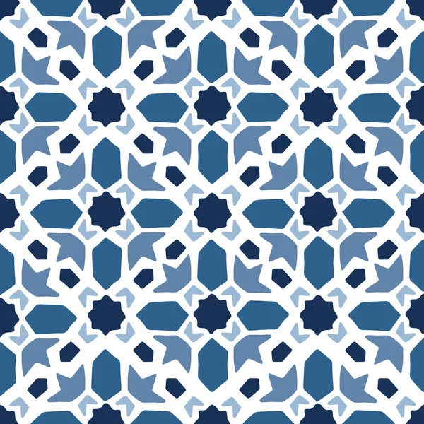 アラビア幾何学的星や装飾品 ラマダーン カレームのグリーティングカードの青いシームレスなパターンを手描き イスラムの背景 ファブリック ウェブバナー ポルトガル語Azulejoタイル 装飾的なモロッコのベクトル — ストックベクタ