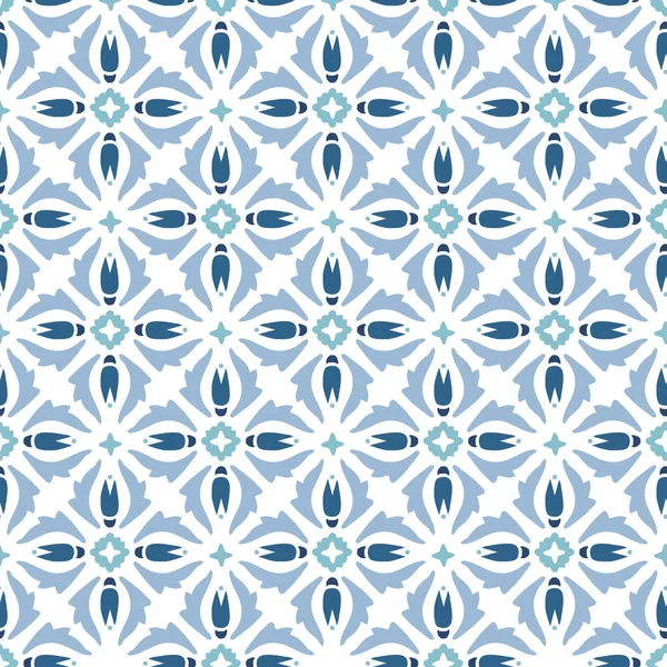 葡萄牙Azulejo 植物抽象的巴洛克装饰瓷砖 为斋月假期手绘淡蓝色摩洛哥无缝图案 伊斯兰背景 纺织品 阿拉伯装饰矢量 — 图库矢量图片