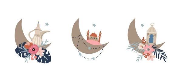 Set Decorative Hand Drawn Elements Icons Ramadan Holiday Crescent Half — Stock Vector