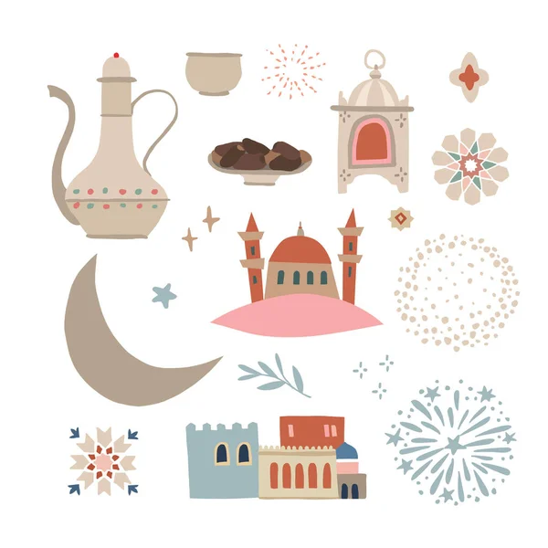 Conjunto Ilustraciones Dibujadas Mano Para Las Vacaciones Ramadán Kareem Islam — Archivo Imágenes Vectoriales