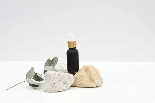 Kosmetikprodukt Attrappe Weißer Hintergrund Schwarze Glaspipettenflasche Für Ätherisches Lotionschablone Steine — Stockfoto
