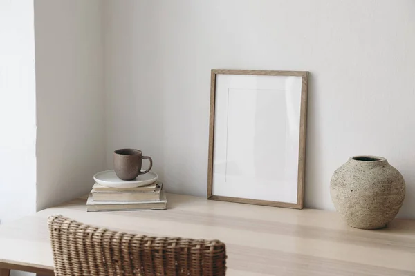 Empty Picture Frame Mockup Boho Modern Minimalist Interior Wooden Table — Stock Photo, Image