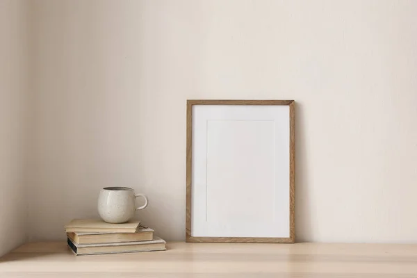 Empty Wooden Picture Frame Poster Mockup Wooden Table Cup Tea — Stock Photo, Image