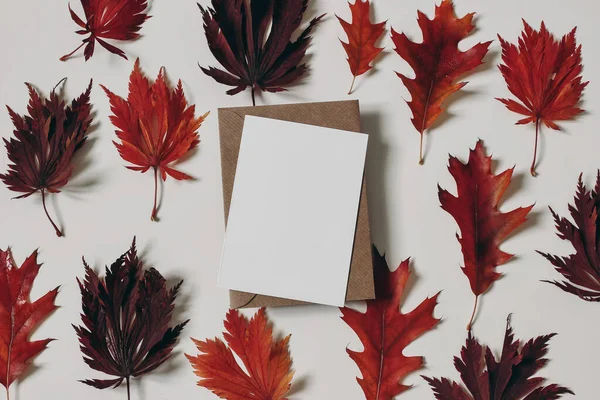 Autumn composition. Colorful red, crimson oak and maple leaves isolated on white background. Blank greeting card, invitation mockup for Halloween, Thanksgiving. Fall concept, flat lay, top view.