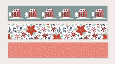 İskandinav Noel Ağı afişleri, washi kasetleri. Kış çiçekleri, noktalar, evler ve noktalarla kusursuz kış desenleri. Dekoratif el çizimi çerçeve, kurdele, çiçek vektör çizimleri.