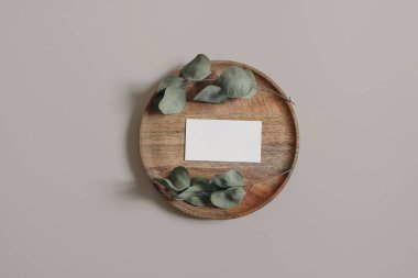 Boş kartvizit, davetiye maketi. Tahta tabak, tepsi. Kuru okaliptüs yapraklı bej masa arkaplanı, dal. Huysuz düğün kompozisyonu, kırtasiye malzemesi. Ofis malzemeleri. Flatlay, top, insan yok..