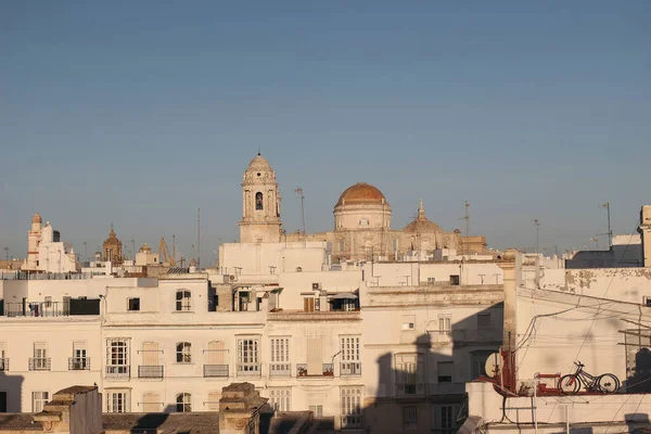 Eski şehrin çatılarının panoramik manzarası, Mercado Central ve Santa Cruz Katedrali yaz akşamları gün batımında. Güzel tarihi Cadiz kasabası. Avrupa seyahati. Endülüs, İspanya.