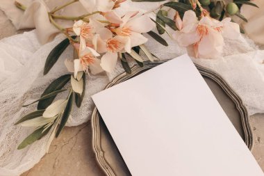 Boş tebrik kartı kapanışı, klasik gümüş tabakta davetiye modeli. Yaz düğün kırtasiyesi. Doğum günü maketi. Oleander çiçekleri, muslin tekstili. Zeytin dalları. Bulanık mermer