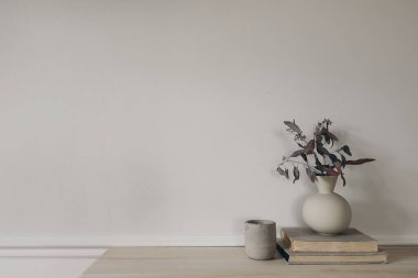 Ahşap masanın üzerinde kuru okaliptüs dalları olan modern vazo. Beton şamdandaki mumlar, eski kitaplar. Beyaz duvar arka planı. İskandinav iç mimarisi. Zarif ev dekorasyonu, boş kopya alanı.