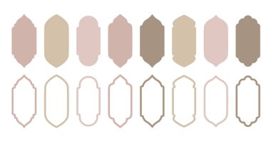 Pastel Arap camisi pencereleri. Zarif kemer şekilleri. Beyaz arka planda izole edilmiş İslami mimari unsurlar. Simgeler, Müslüman Ramdan için vektör ilüstrasyonları, bayram bayramı, minimal boho çerçeveleri.