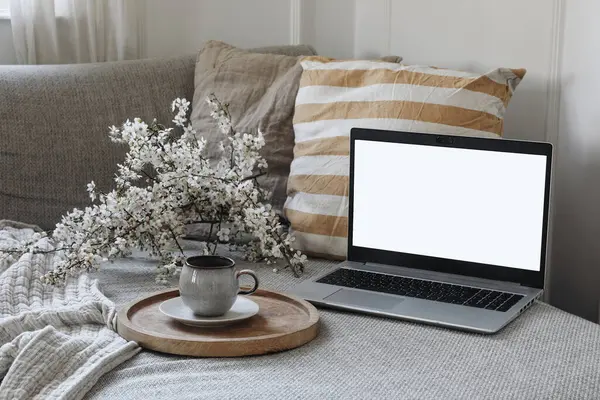 Modern spring scandinavian living room interior. Sofa with linen yellow striped cushions and cup of coffee. Cherry plum blossoms in vase. Laptop mockup with blank screen, elegant home office decor.