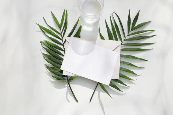 Blank Paper Greeting Card Invitation Mockup Fresh Green Palm Leaves — Stock Photo, Image