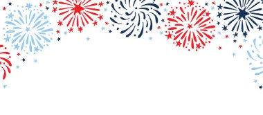 Bağımsızlık Gününüz kutlu olsun, 4 Temmuz ulusal bayramı. Kutlama kartı, davetiye. El yapımı havai fişekler, arka planda izole edilmiş Amerikan bayrağı renkleri. Vektör çizimi. Web afişi. Anma, İşçi Bayramı