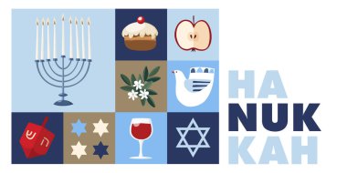 Happy Hanukkah, Hanukkah Sameach web banner. Geometric festive Jewish Holiday greeting card, invitation with chanukija candleholder, wine, dreidel toys. Doughnut, dove, vector illustration background. clipart