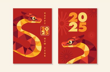 2025 Çin yeni yılı, yılan tebrik kartları, davetiyeler. Modern Doğu Asya poster şablonları tasarımı. Kırmızı arkaplanda Geometrik Altın Yılan, vektör illüstrasyon arka planı.