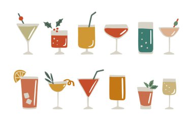 El yapımı alkollü içecekler, portakallı limonlu kokteyller, dilimler, buz, nane ve kirazlar. Mutlu yıllar, doğum günü partisi. İzole vektör simgeleri, düz tasarım resimleme, limonata.