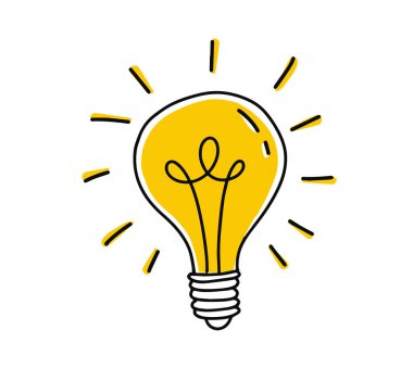 El çizimi, beyaz arka planda izole edilmiş doğrusal parlayan ampul. Yenilikçi fikir, yaratıcı düşünce ve beyin fırtınası konsepti. Doodle tarzı eskiz, Clipart. Elektrik enerjisi, vektör simgesi.