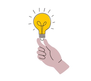 Parlayan ampulü tutan insan eli. El çizimi karalama ikonu, taslak. Yenilik, fikir, çözüm. İzole vektör çizimi. Işık, elektrik, hayal gücü. Beyin fırtınası işareti.
