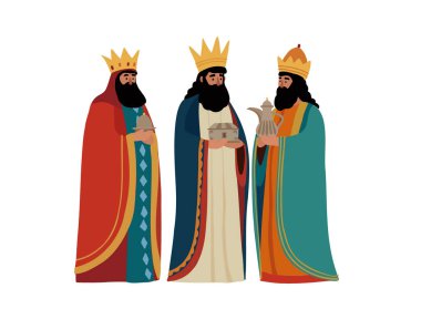 Noel tebrik kartı, davetiye. İncil 'in Üç Kralı Caspar, Melchior, Balthazar arka planda izole edilmiş hediyeler getiriyor. Dia de Reyes tatili. Mutlu tezahürler. Vektör illüstrasyonu, Hıristiyanlık