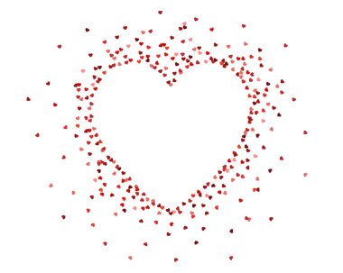 Kalp şeklinde çerçeve, arka planda izole edilmiş küçük kırmızı pembe kalp konfetileri. Süslü püslü şeyler. Şenlikli parti dekorasyonu. Sevgililer günün, doğum günün, düğün kutlaman, vektör çizimin kutlu olsun.